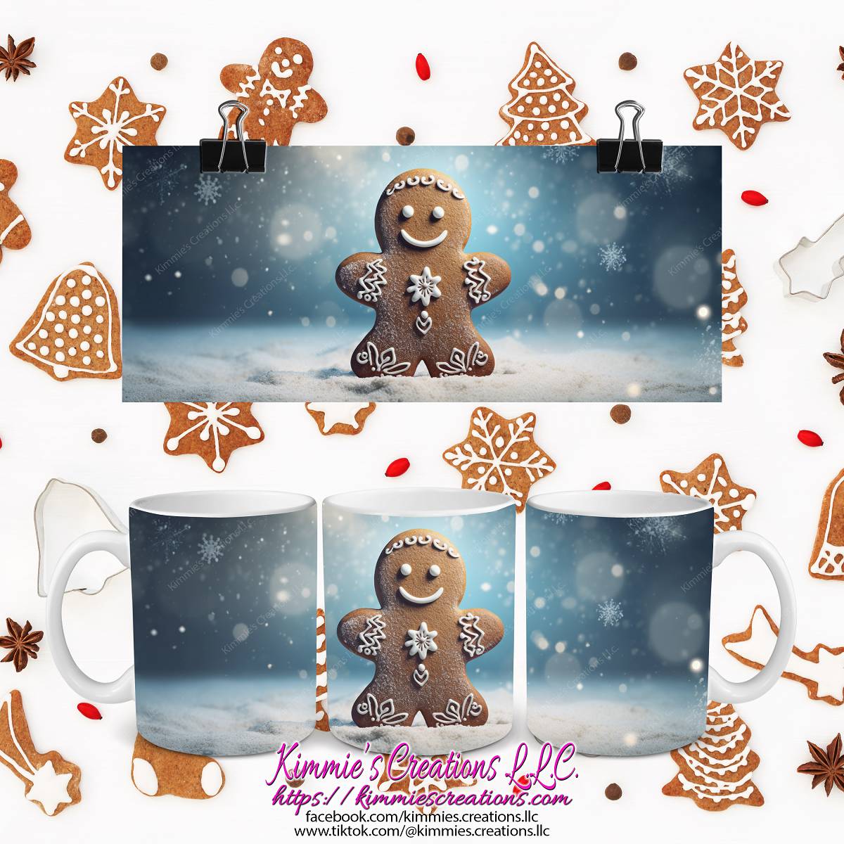 3D Gingerbread Man in Snow on a Mug - Kimmie's Creations L.L.C.