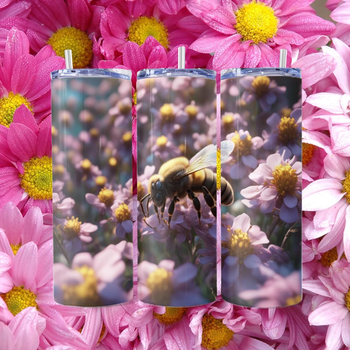 Honeybee Pollinates a Field of Flowers on a Skinny Tumbler - Kimmie's Creations L.L.C.