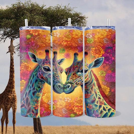 Two Colorful Nuzzling Giraffes on a Skinny Tumbler - Kimmie's Creations L.L.C.