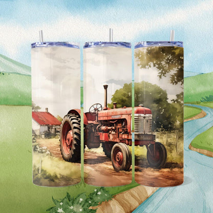 Watercolor Vintage Red Tractor Skinny Tumbler - skinny tumbler