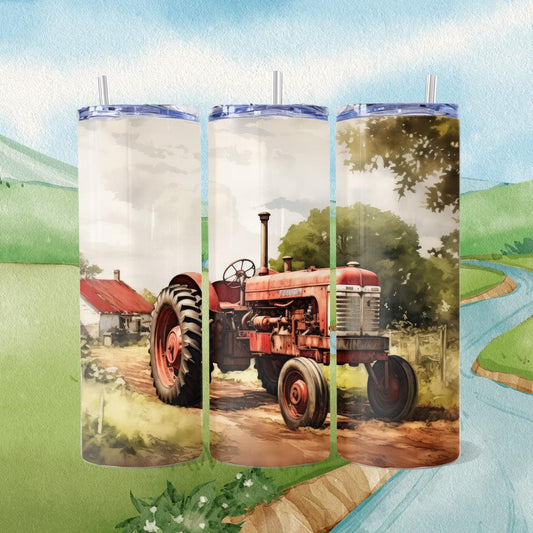 Watercolor Vintage Red Tractor Skinny Tumbler - skinny tumbler
