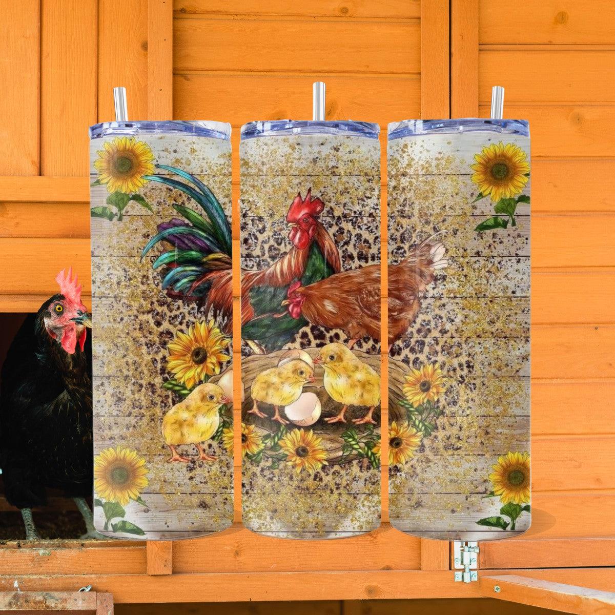 Artistic Rendering of a Rooster, a Hen & their Chicks on a Skinny Tumbler - Kimmie's Creations L.L.C.