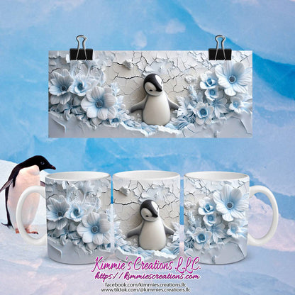 3D Penguin in Flowers on a mug - 11 oz
