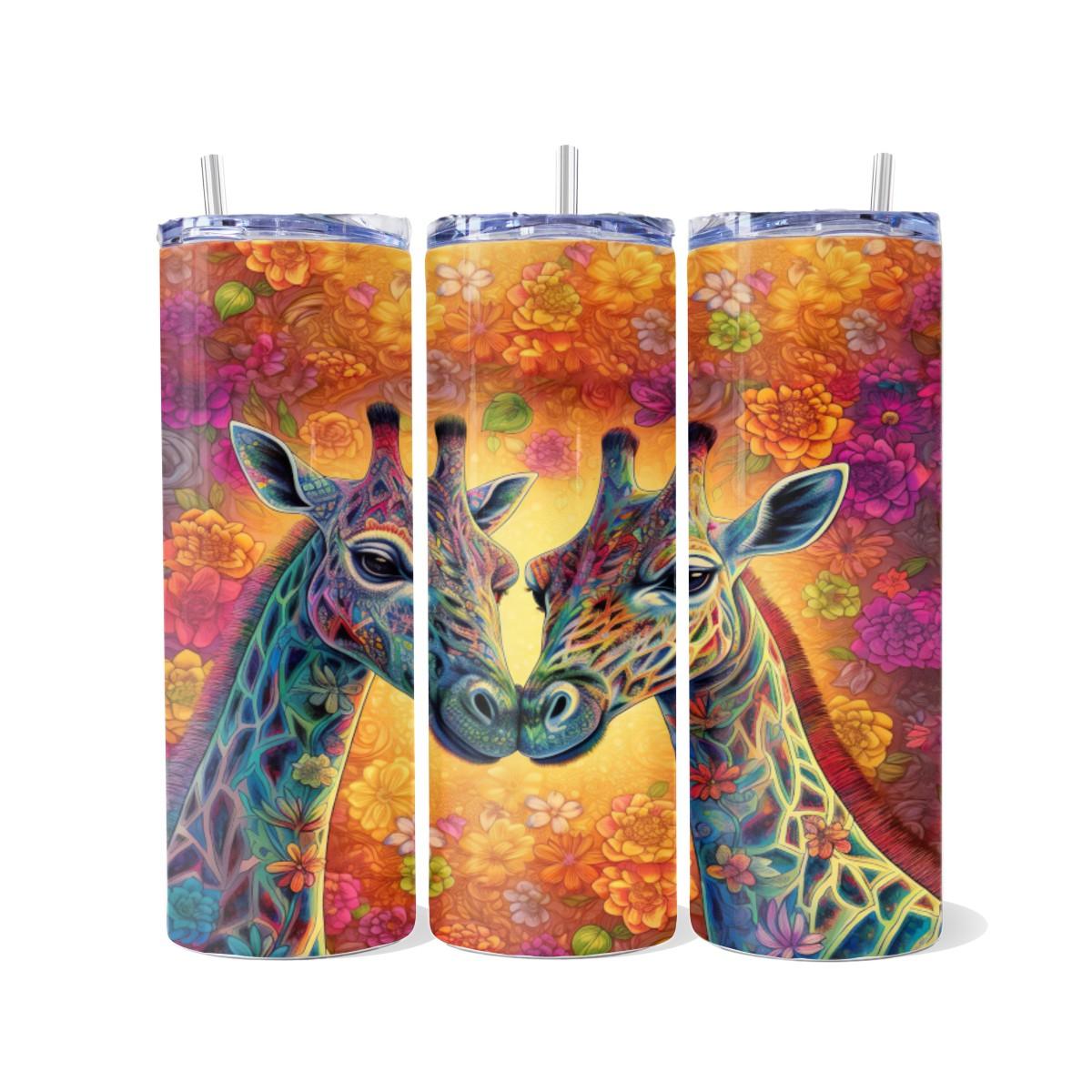 Two Colorful Nuzzling Giraffes on a Skinny Tumbler - Kimmie's Creations L.L.C.