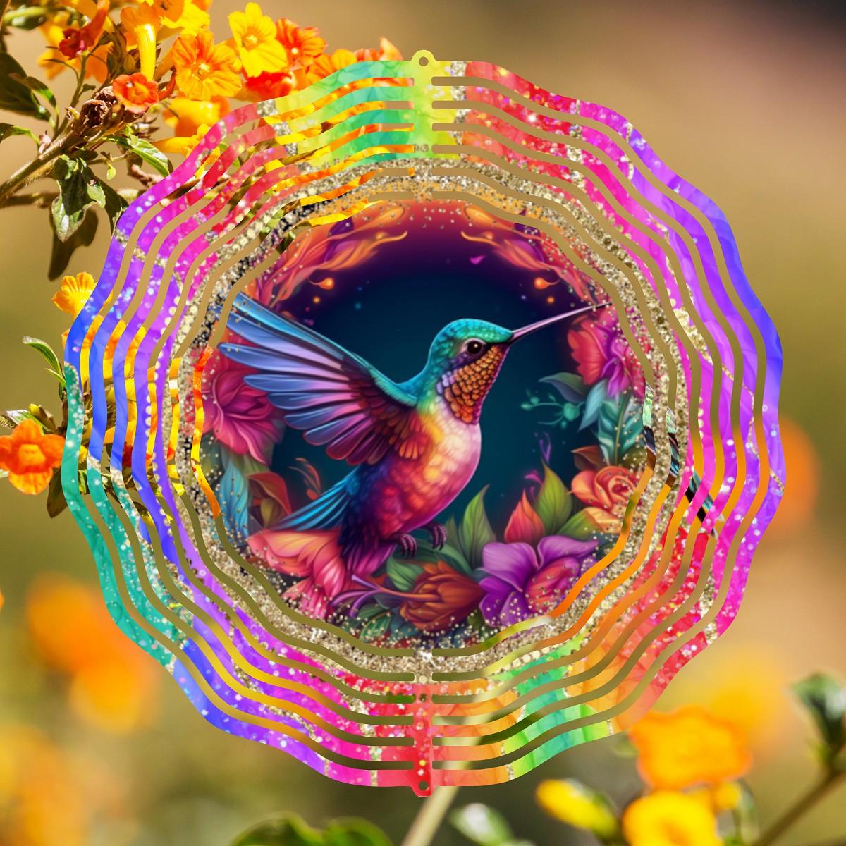 Vibrant Hummingbird Dances Amongst Blooms! - a Wind Spinner - Kimmie's Creations L.L.C.