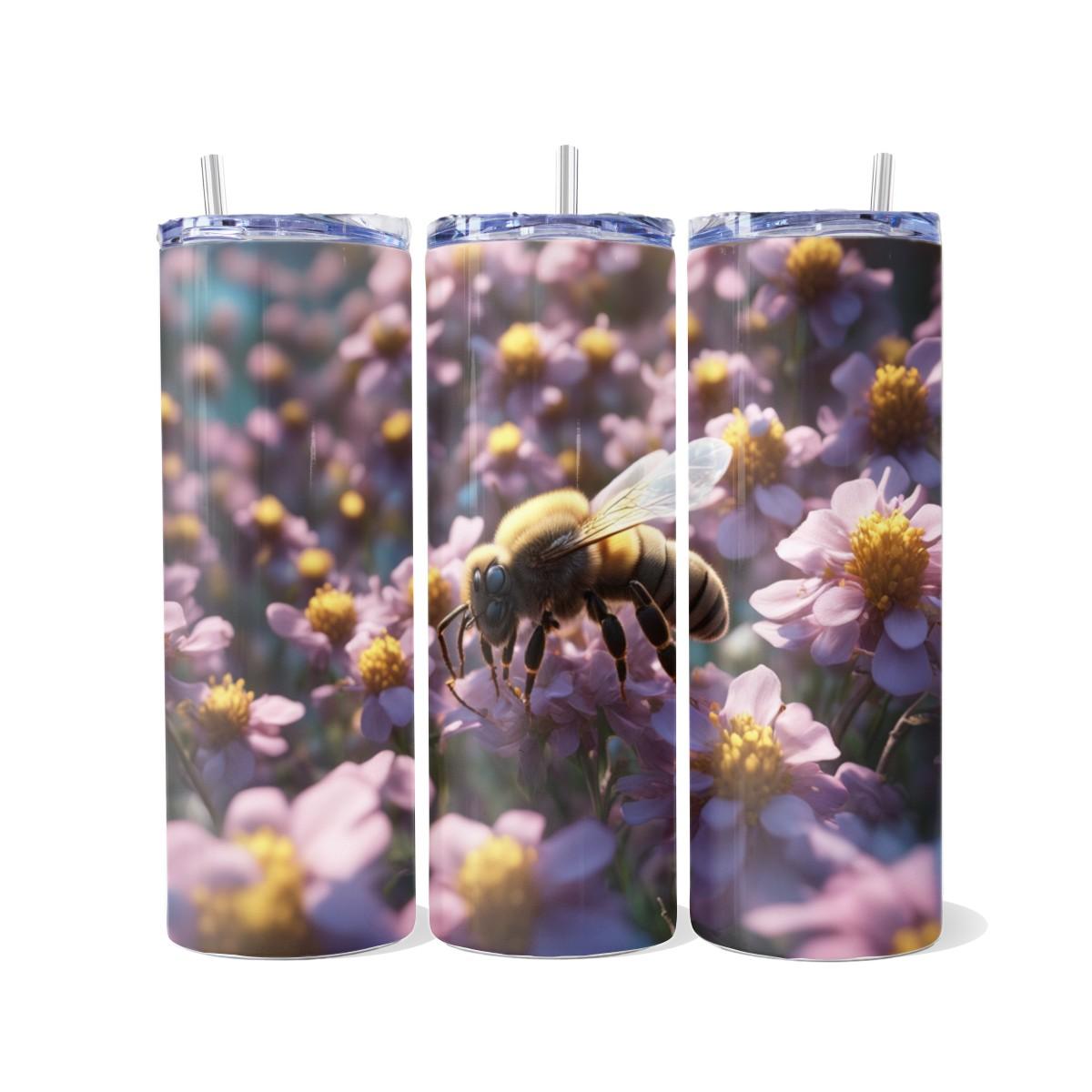 Honeybee Pollinates a Field of Flowers on a Skinny Tumbler - Kimmie's Creations L.L.C.