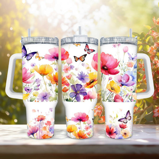 Majestic Butterflies Dance Amidst Blooming Beauty in Watercolor - a 40 oz mint green Tumbler - tumbler