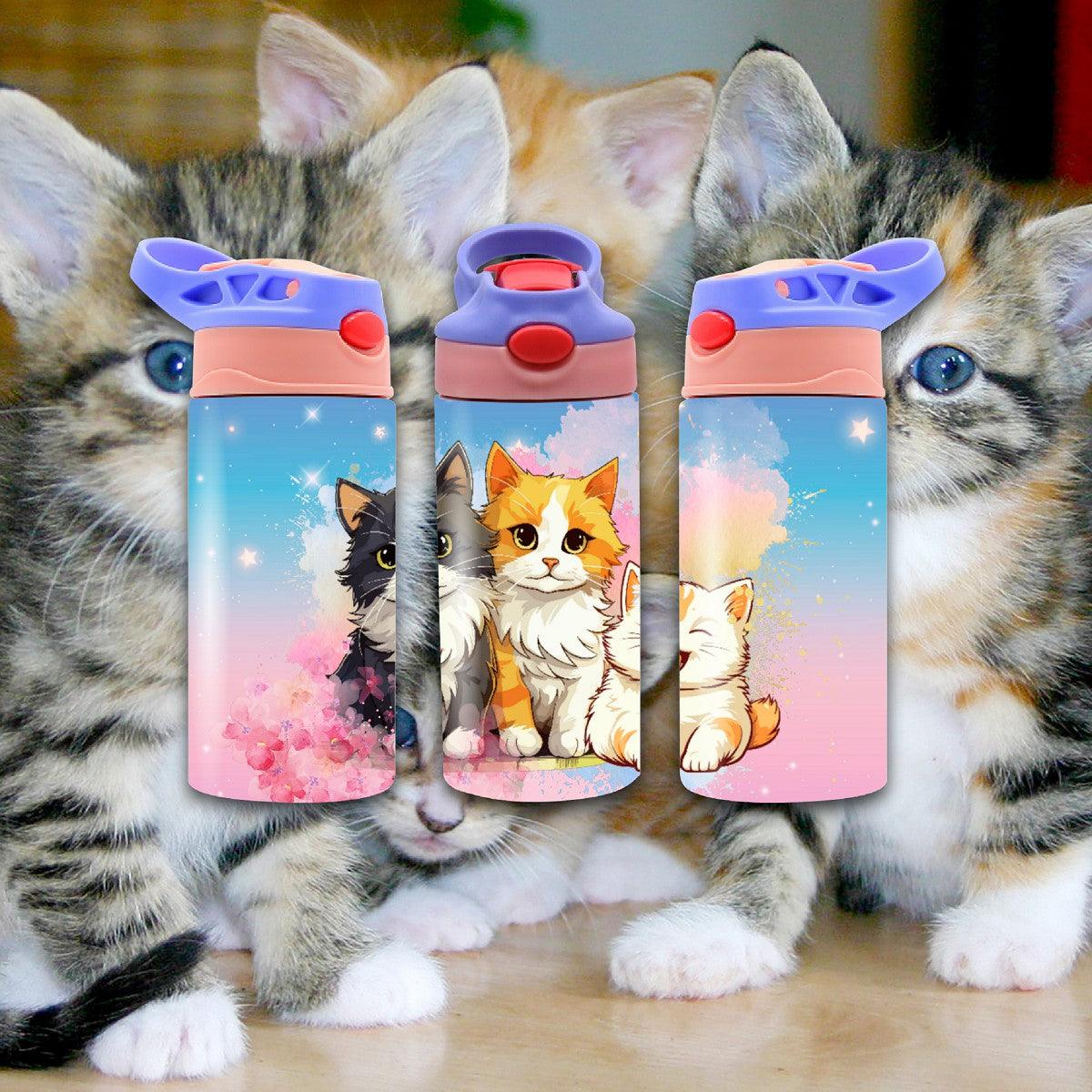 Enchanting Three Kittens Transform a Simple Water Bottle into a Magical Wonderland - a 12 oz Flip Top - Kimmie's Creations L.L.C.