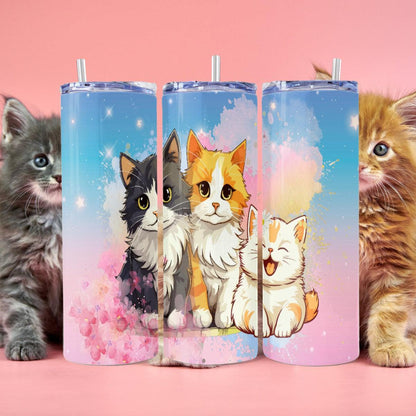 Three Cute Kittens on a Watercolor Background - Skinny Tumbler - skinny tumbler