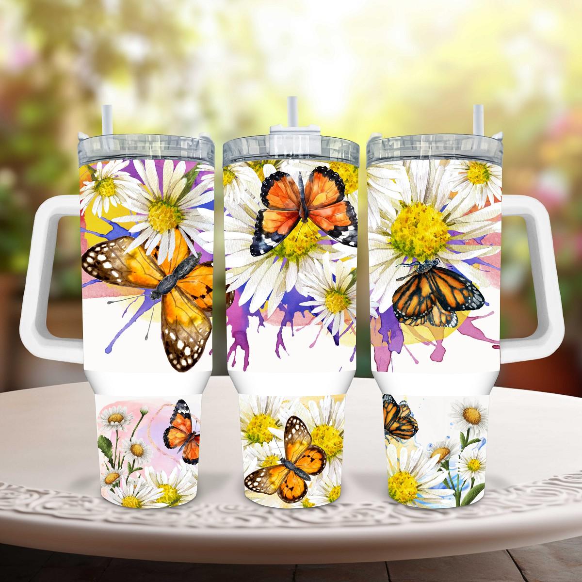 Dazzling Butterflies Dance on White Daisies a 40 oz Tumbler! - Kimmie's Creations L.L.C.