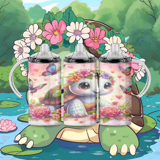 Floral-Adorned Flowerchild Turtle: Fun Hydration for Kids! - a 12 oz Sippy - Kimmie's Creations L.L.C.