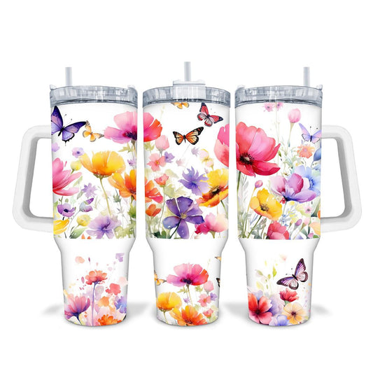 Majestic Butterflies Dance Amidst Blooming Beauty in Watercolor - a 40 oz mint green Tumbler - tumbler