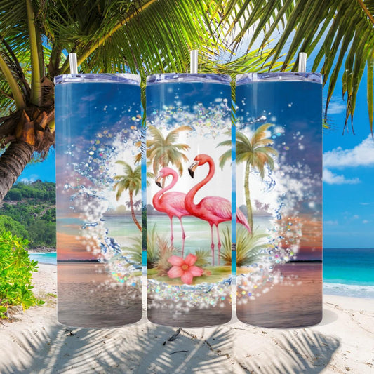 Flamingos in the midst of a Tropical Paradise - a Skinny Tumbler - Kimmie's Creations L.L.C.