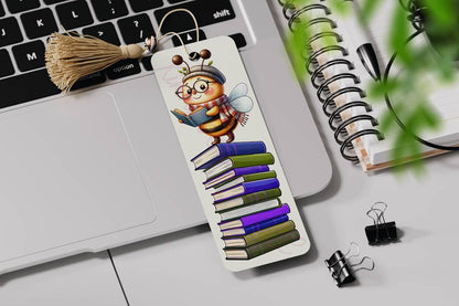 Cartoonish Bee on Books bookmarks with 4 design choices - 01 - bookmark