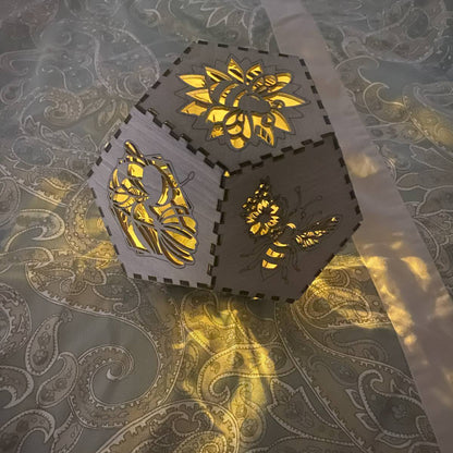 Dodecahedron Lanterns with flameless candles - Bees / Basswood / Rosewood - decor