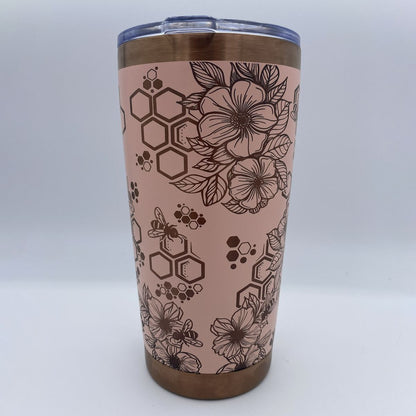 Bee engraved tumbler with sliding lid and straw