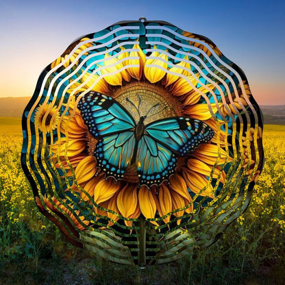 Blue Butterfly Alit on a Sunflower Wind Spinner - wind spinner