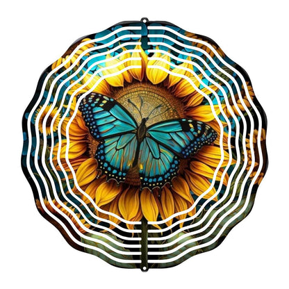 Blue Butterfly Alit on a Sunflower Wind Spinner - wind spinner