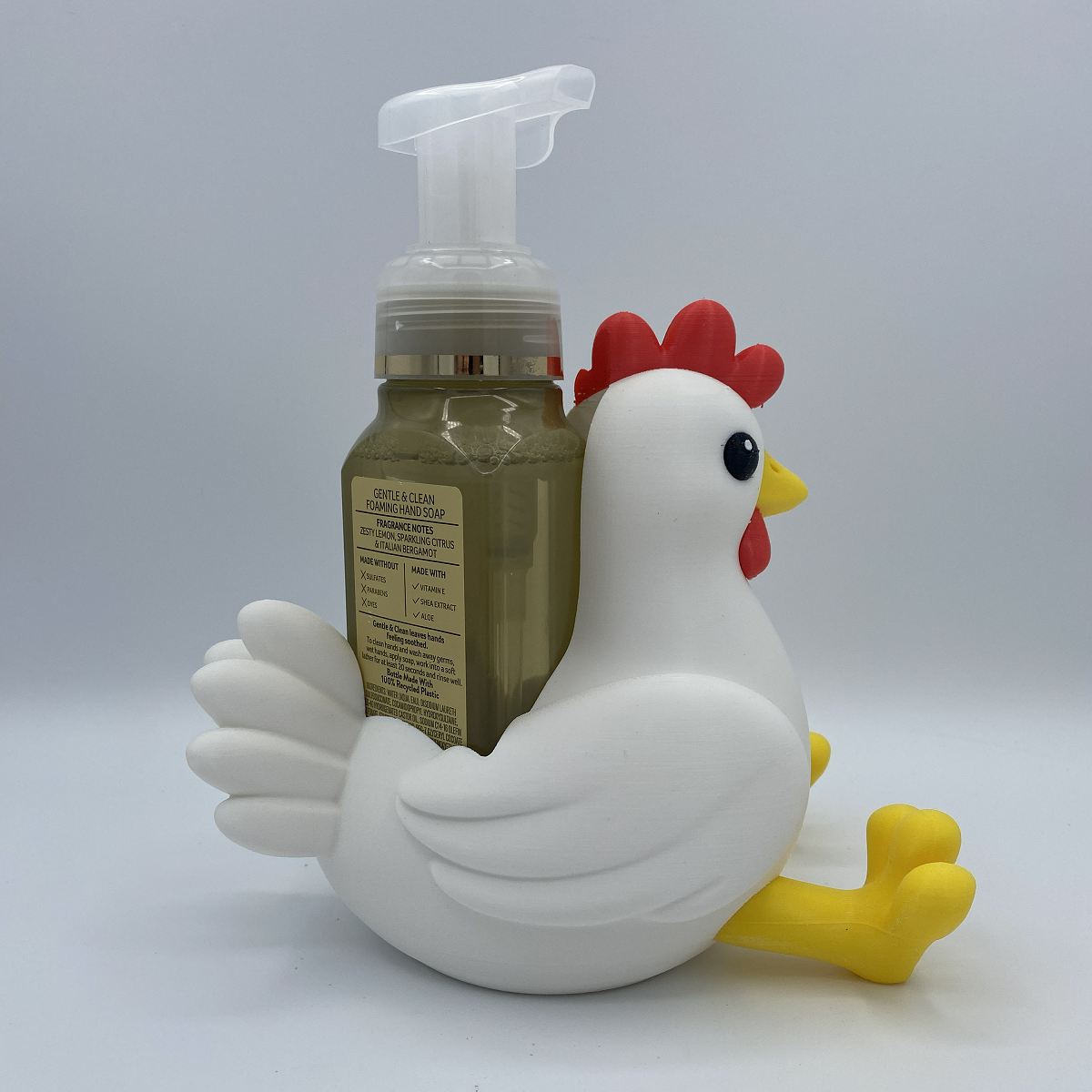 Side view of chicken 3D printed soap holder