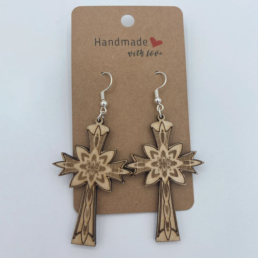 Christian Cross Engraved Wooden Earrings