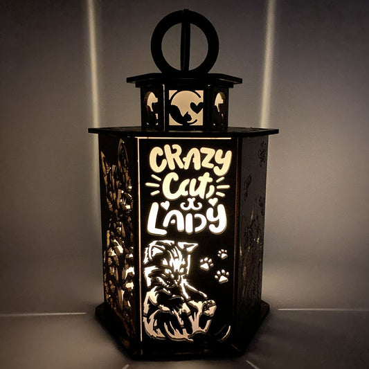 Crazy Cat Lady Lantern - Laser Cut Wooden Decor with LED