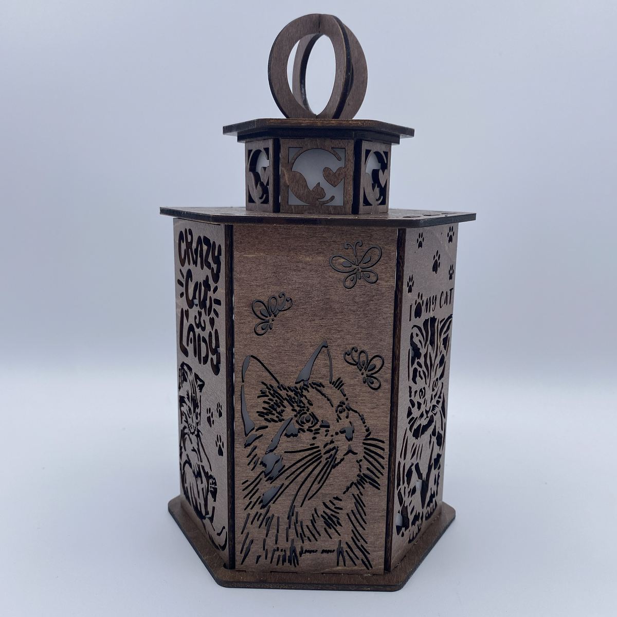 Crazy Cat Lady Lantern - Laser Cut Wooden Decor with LED
