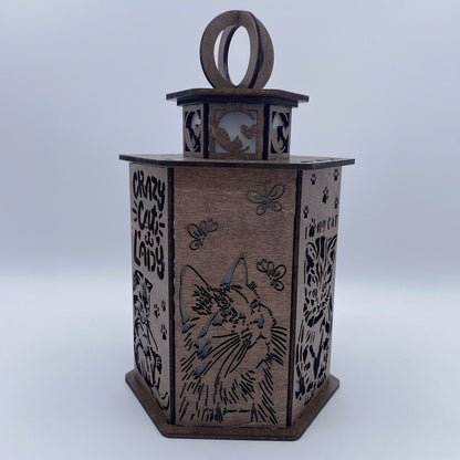 Crazy Cat Lady Lantern - Laser Cut Wooden Decor with LED