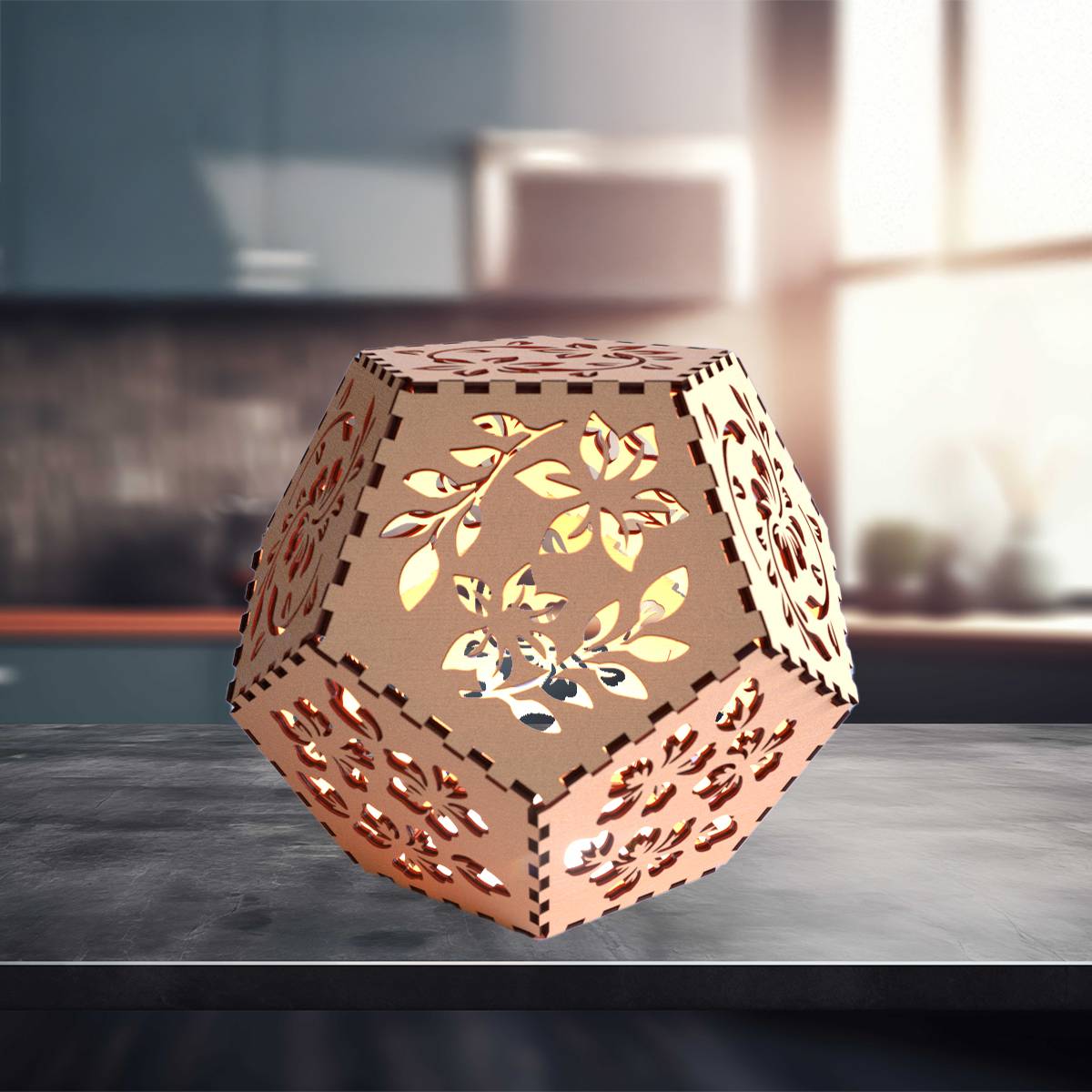 Dodecahedron Lanterns with flameless candles - Floral / Basswood / Rosewood - decor