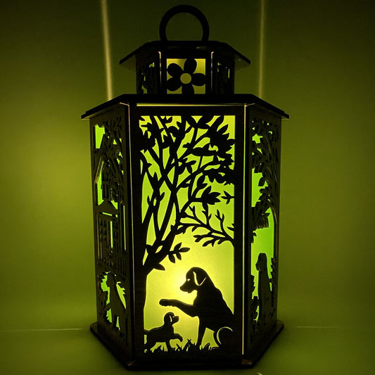 Dog & Puppy Lantern - Laser Cut Wooden Decor with LED