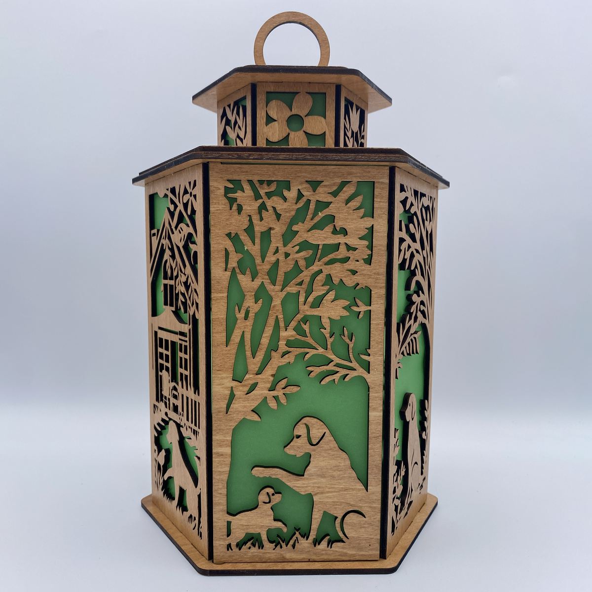 Dog & Puppy Lantern - Laser Cut Wooden Decor with LED