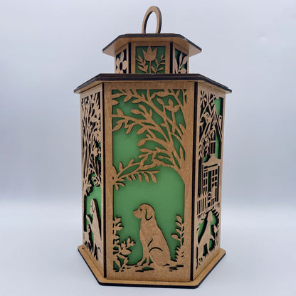 Dog & Puppy Lantern - Laser Cut Wooden Decor with LED