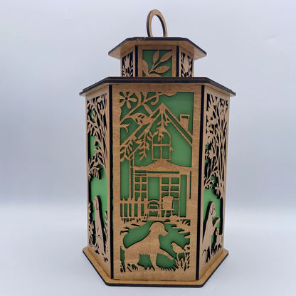 Dog & Puppy Lantern - Laser Cut Wooden Decor with LED