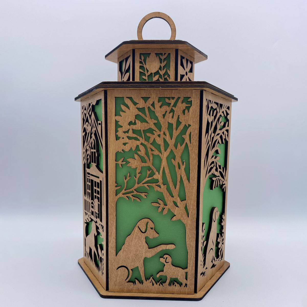 Dog & Puppy Lantern - Laser Cut Wooden Decor with LED