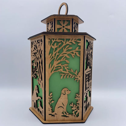 Dog & Puppy Lantern - Laser Cut Wooden Decor with LED