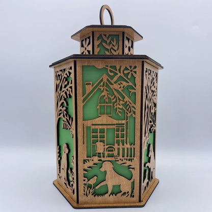 Dog & Puppy Lantern - Laser Cut Wooden Decor with LED