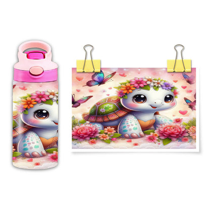 Floral-Adorned Flowerchild Turtle: Fun Hydration for Kids! - a 12 oz Flip Top - flip top