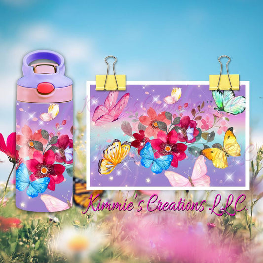 Butterflies in Watercolor with Flowers - a 12oz flip top water bottle - Kimmie's Creations L.L.C.