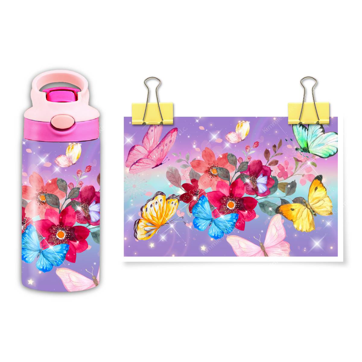 Butterflies in Watercolor with Flowers - a 12oz flip top water bottle