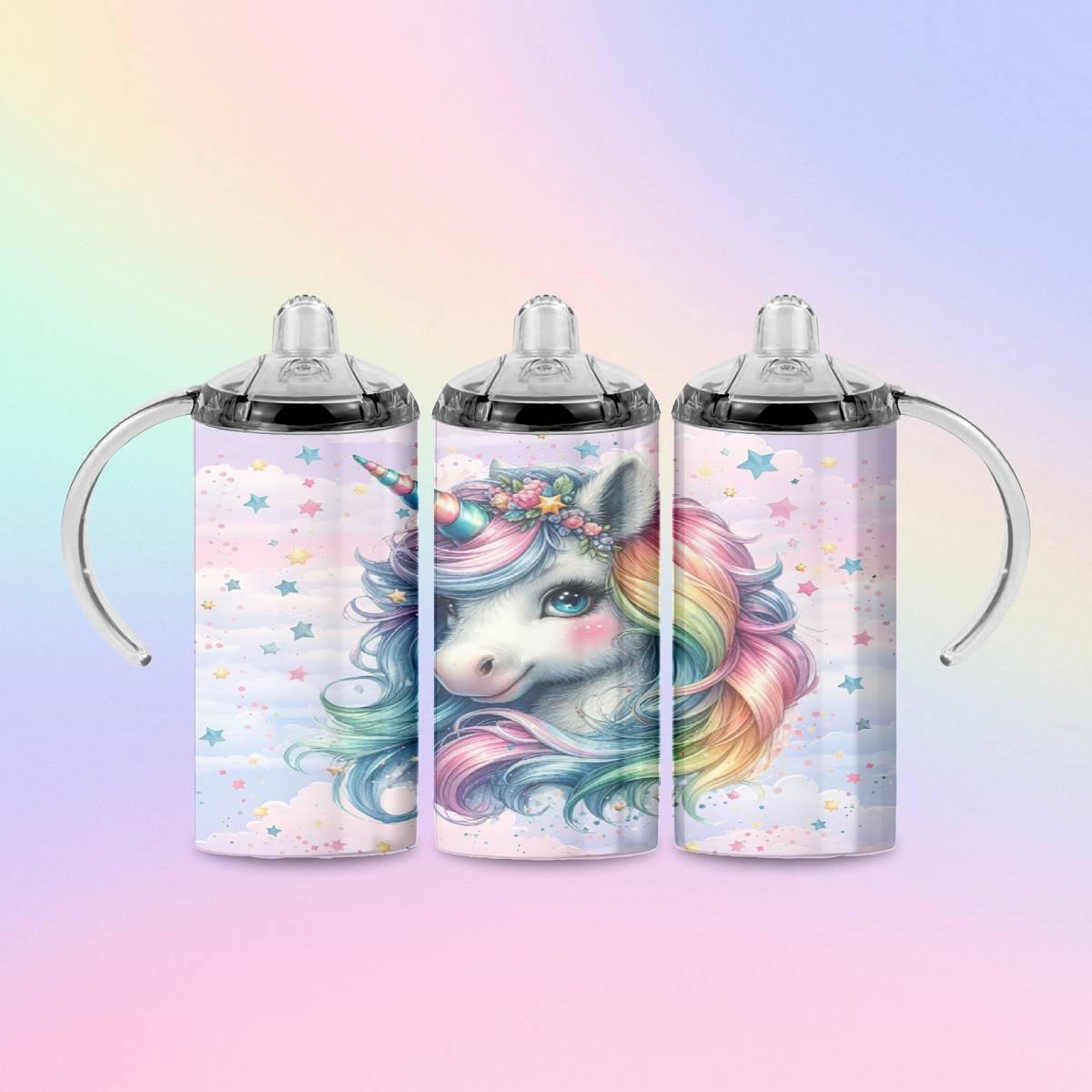 Colorful Unicorn with Stars - a 12 oz Sippy - sippy cup