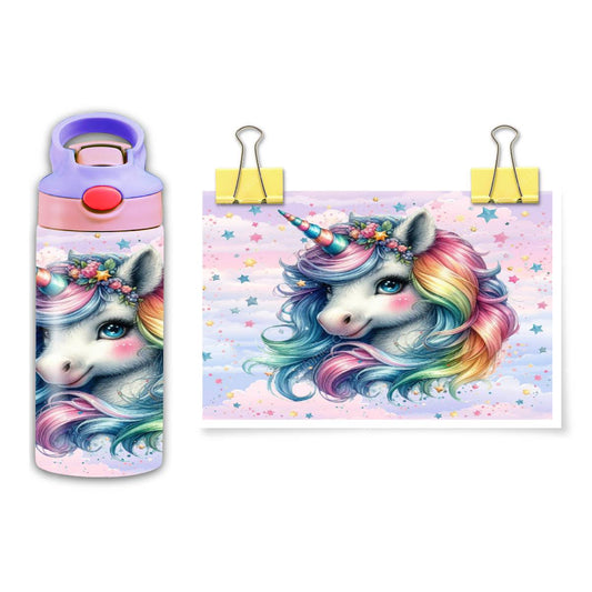 Colorful Unicorn with Stars - a 12 oz flip top