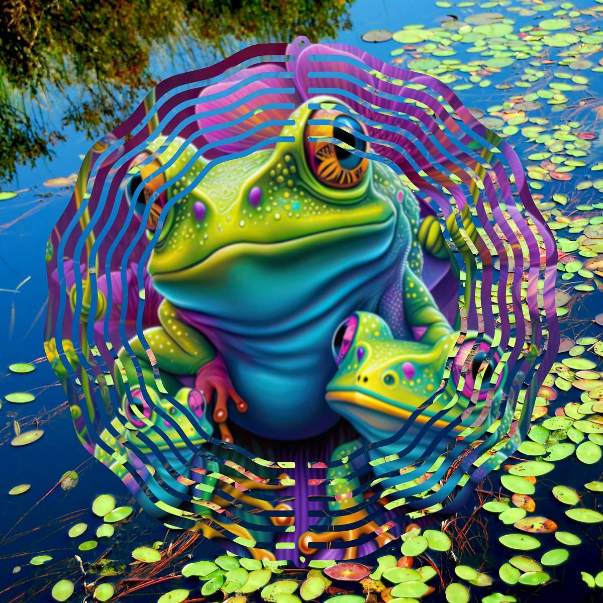 Fascinating Frog Trio Gazes Delightfully - a Wind Spinner - Kimmie's Creations L.L.C.