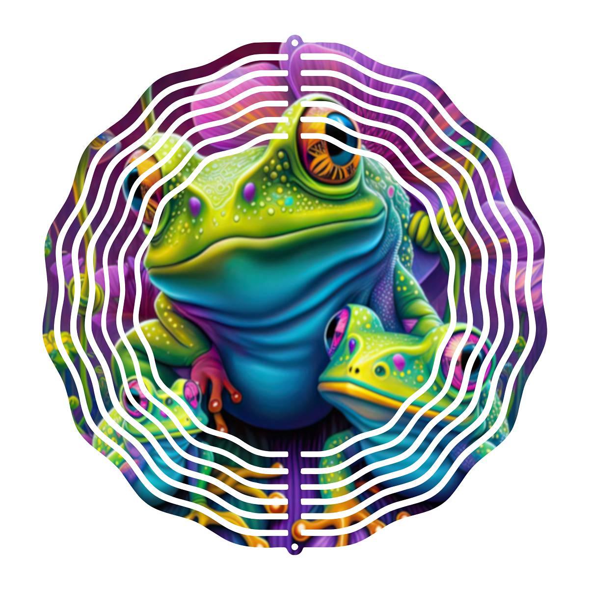 Fascinating Frog Trio Gazes Delightfully - a Wind Spinner - Kimmie's Creations L.L.C.