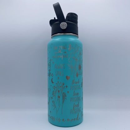 Teal 32oz Happy Thoughts laser engraved motivational water bottle with dual lid