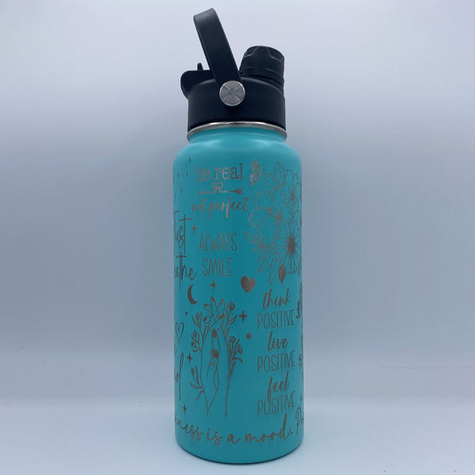 Teal 32oz Happy Thoughts laser engraved motivational water bottle with dual lid