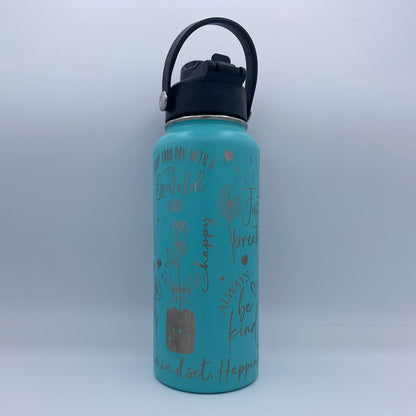 Teal 32oz Happy Thoughts laser engraved motivational water bottle with dual lid