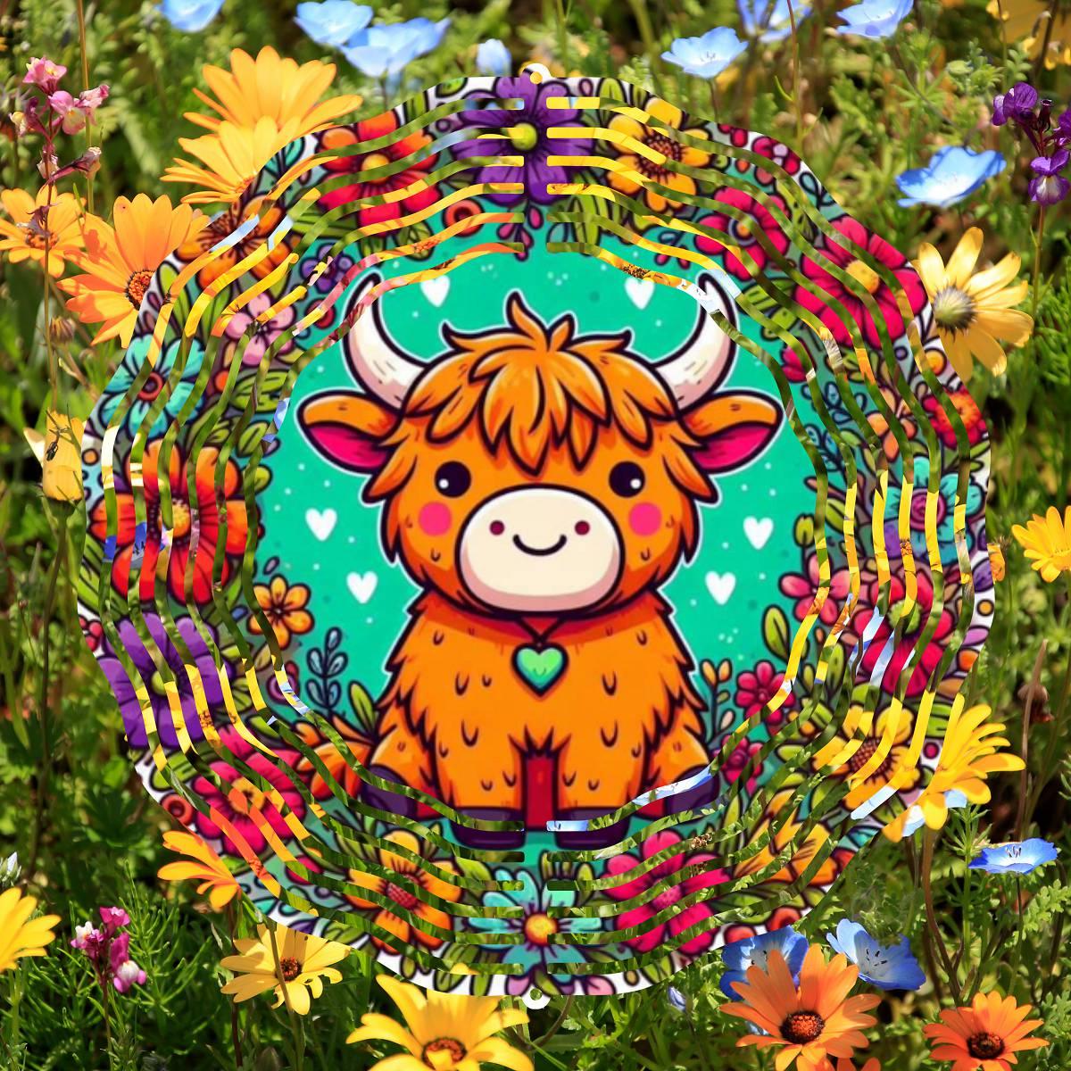 Highland Cow Playfully Twirls! - a Wind Spinner - Kimmie's Creations L.L.C.