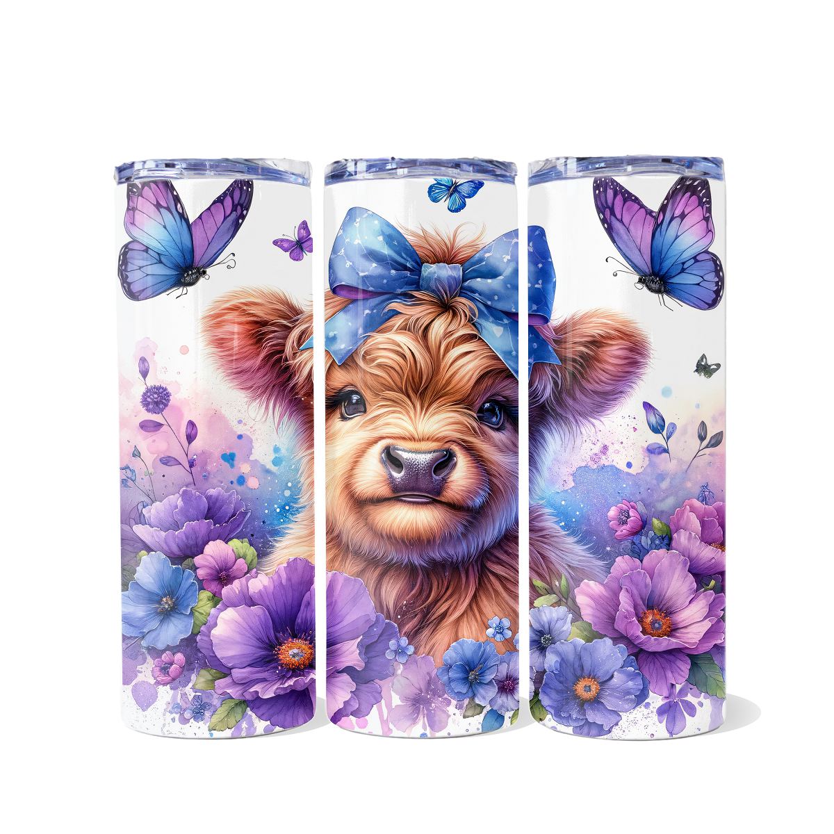 Highland Cow and Purple Flowers Dual Opening Skinny Tumbler