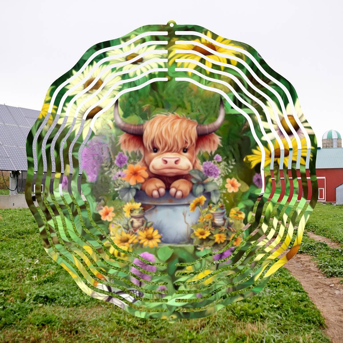 Delightful Fluffy Highland Cow sitting in a Bucket - a Wind Spinner - Kimmie's Creations L.L.C.