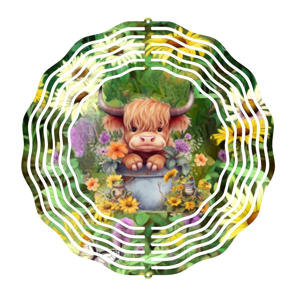 Delightful Fluffy Highland Cow sitting in a Bucket - a Wind Spinner - Kimmie's Creations L.L.C.