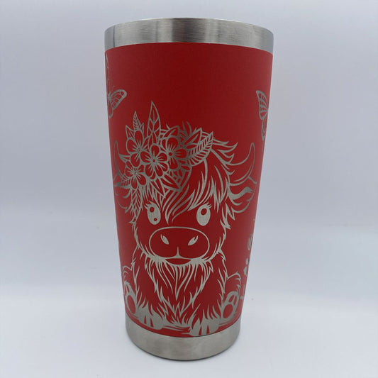 Highland Cow with Floral and Butterflies Motif Engraved Tumbler